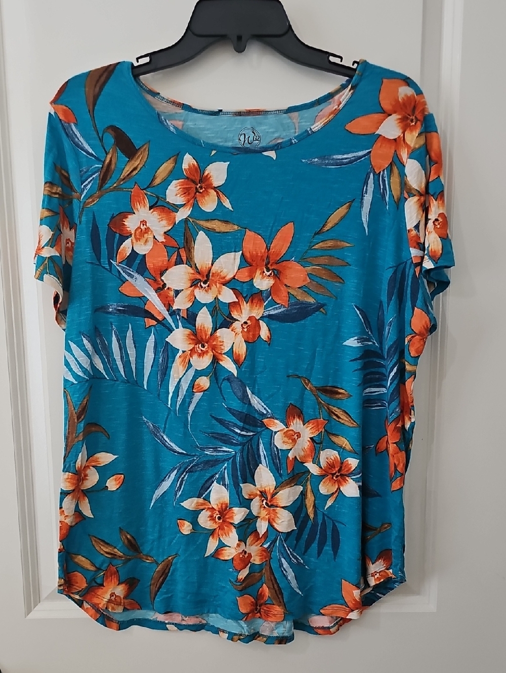 Westport Teal Short Sleeve Floral Tee with Orange Blooms